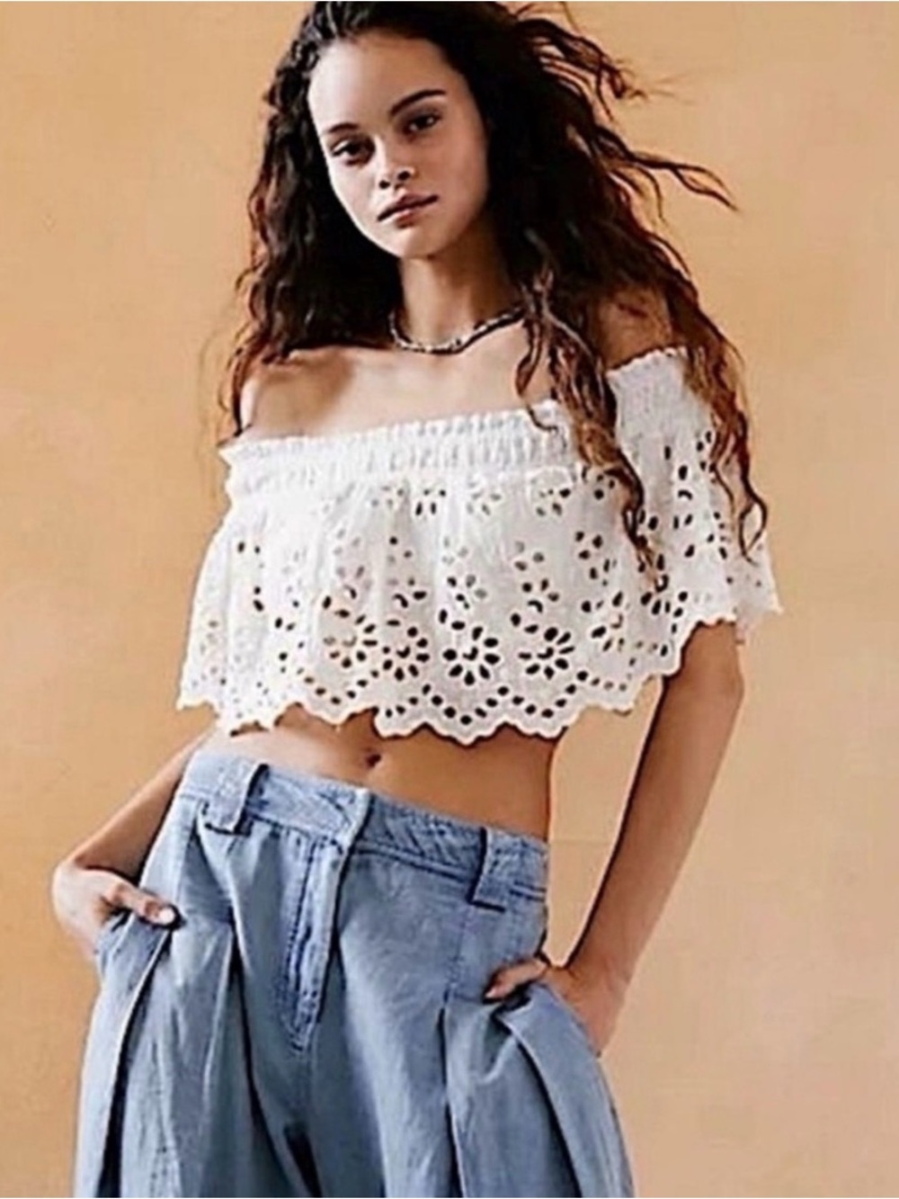 Free People FP One “Perla” White Eyelet Off-Shoulder Crop Top